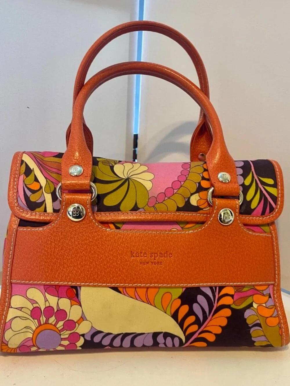 Vintage Kate Spade Psychedelic Floral Canvas Satchel w/ Orange Leather Trim